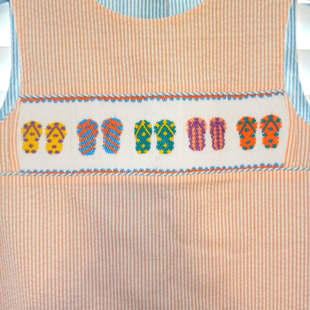 Like New, smocked, Seersucker "flipflop" girls dress.